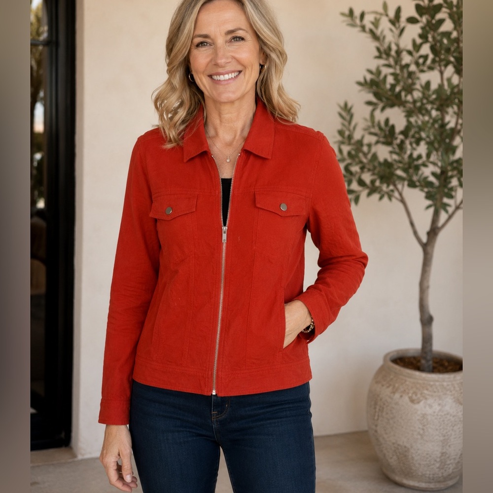 Rachel Zoe Red Zip-Up Linen Casual Utility Style Jacket Sz Large (never worn)